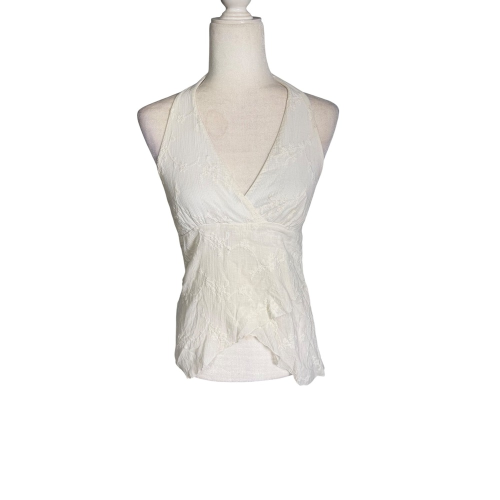 Vintage Y2K BCX Halter Top M Cotton Linen Fairycore Boho Embroidered Floral